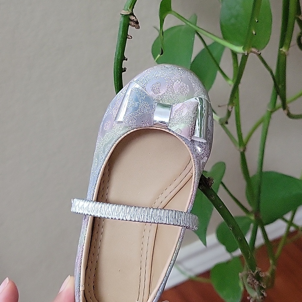Toddler glitter Mary Jane flats rainbow shimmer finish and a silver bow